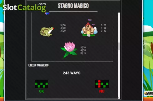 Paytable and win ways screen. Lo Stagno Magico slot