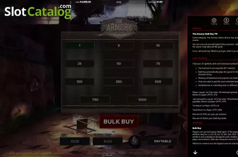 Features and rules screen. The Armory Bulk Buy slot