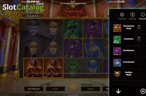 PayTable screen. The Demon King’s: Masquerade slot