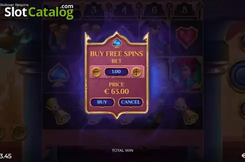 Buy feature screen. Aladdin's Rollover Respins slot
