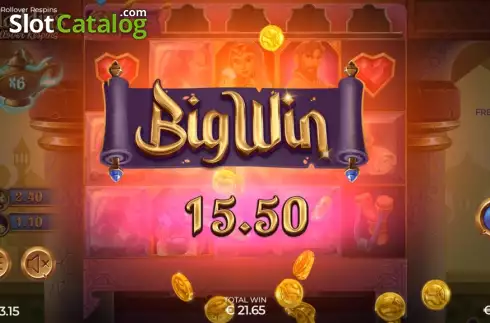 Bigt Win screen. Aladdin's Rollover Respins slot