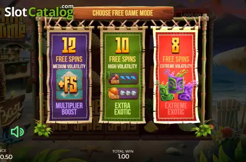 Free Spins Win Screen. Tiki Time Exotic Wilds slot