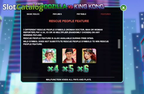 Features screen. Godzilla vs King Kong slot