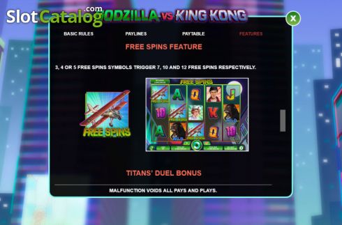 Features screen 2. Godzilla vs King Kong slot
