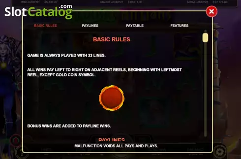 Game Rules screen. Medusa Millions slot