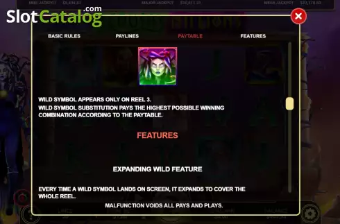 Game Features screen. Medusa Millions slot