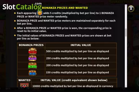 Bonanza Prizes and Wanted screen. Bonanza Town Sheriff Sherry slot