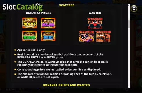 Prizes screen. Bonanza Town Sheriff Sam slot
