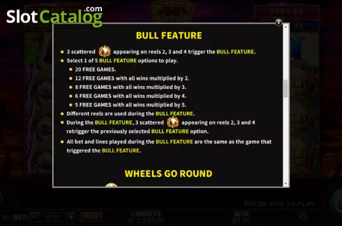Bull feature screen. Wheels Go Round Bull slot