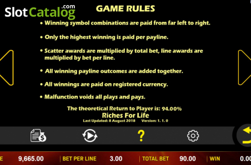 Game Rules. Riches For Life slot