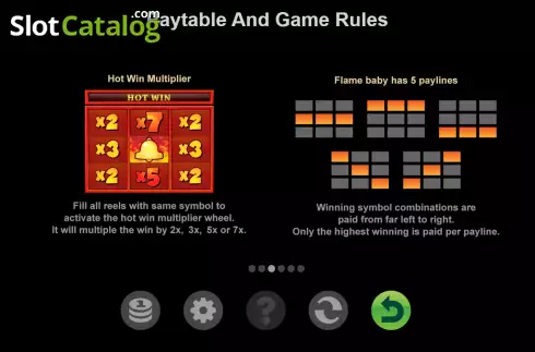 Multiplier and paylines screen. Flame Baby slot