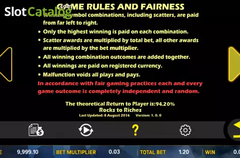 Game Rules screen. Rocks to Riches slot