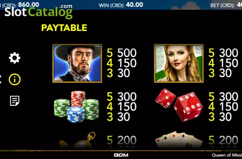 Paytable screen. Queen of Mississippi slot