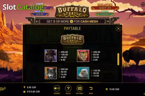 Paytable screen. Buffalo Trail (BF games) slot