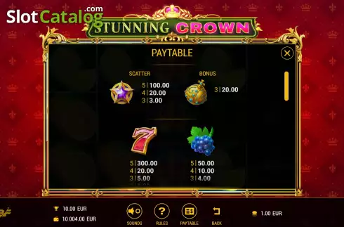 PayTable screen. Stunning Crown slot