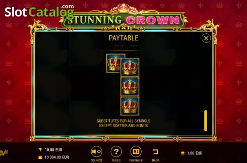 Game Features screen. Stunning Crown slot