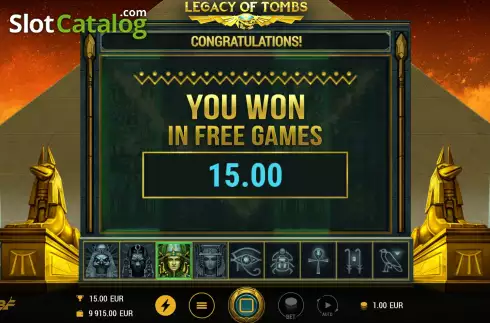 Win Free Spins screen. Legacy of Tombs slot