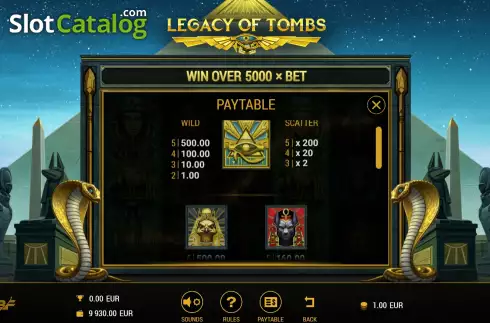 PayTable screen. Legacy of Tombs slot