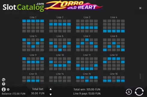 Paylines screen. Zorro Wild Heart slot