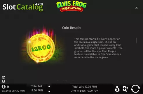 Coin Respin screen. Elvis Frog In PlayAmo slot