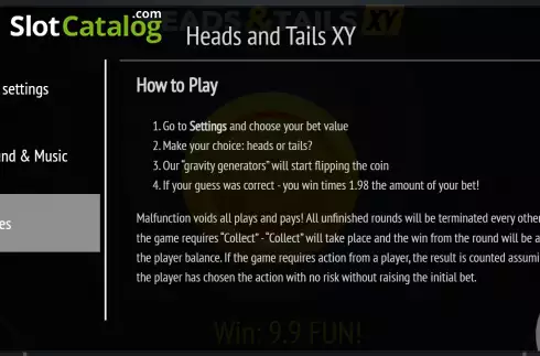 Game Rules screen 2. Heads and Tails XY slot
