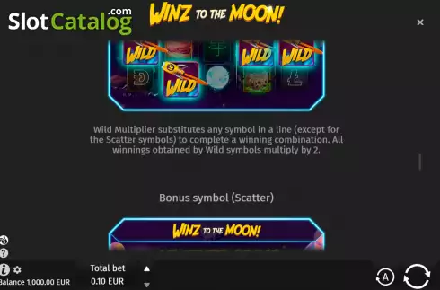 Game Feature screen. Winz to the Moon slot