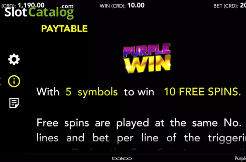 Free Spins screen. Purple Win slot