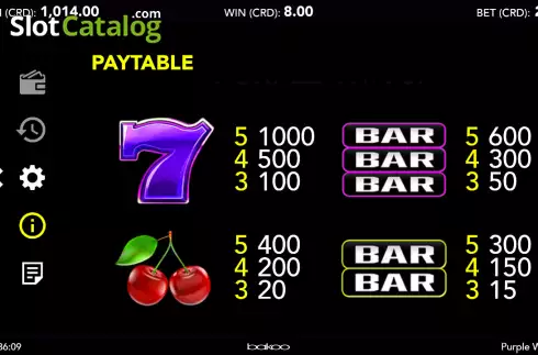 Paytable screen. Purple Win JP slot