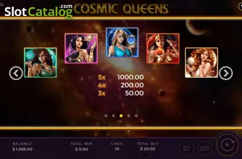 High paytable screen. Cosmic Queens slot