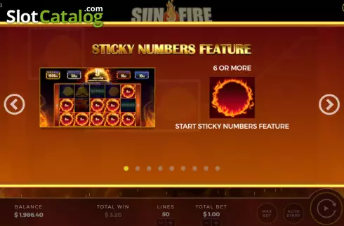 Game Features screen. Sun Fire slot