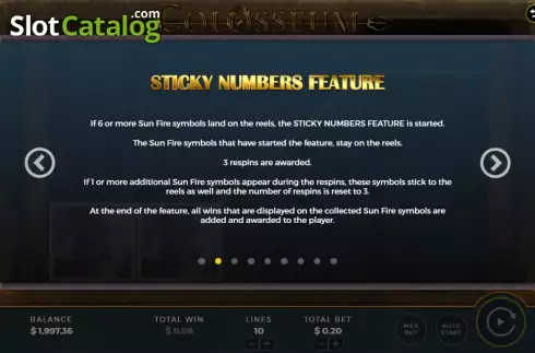 Sticky number feature screen. Colosseum slot