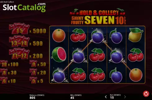 Win screen. Shiny Fruity Seven 10 Lines Hold and Collect slot