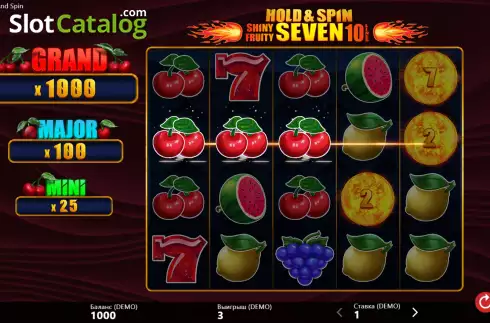 Win screen. Shiny Fruity Seven 10 Lines Hold and Spin slot