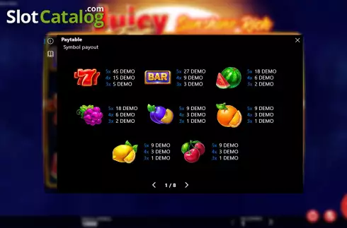PayTable Screen. Juicy Fruits Sunshine Rich slot
