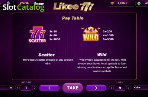 Pay Table screen. 777 Likee slot