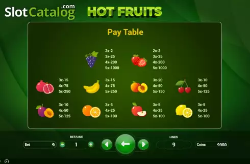 Paytable screen. Hot Fruits (BetConstruct) slot