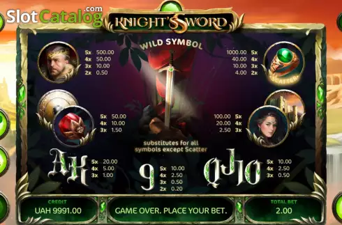 Pay Table screen. Knight's Sword slot