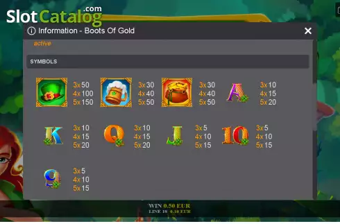 Paytable screen. Boots of Gold slot