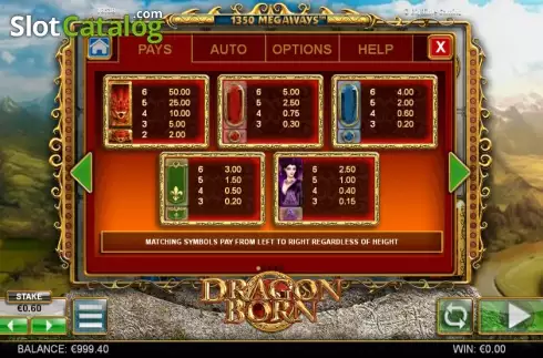 Tabla de pagos 1. Dragon Born Tragamonedas 