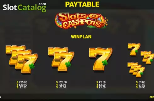 PayTable screen. Slots O' Cashpots slot