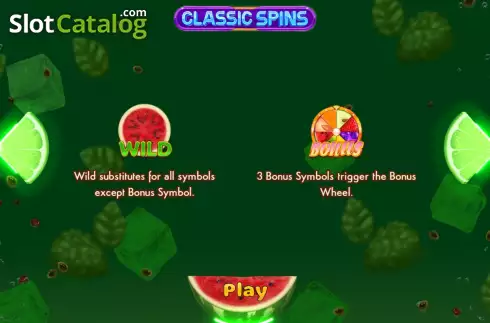 Game Features screen. Classic Spins slot
