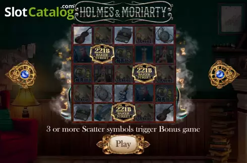 Game Features screen. Holmes and Moriarty slot