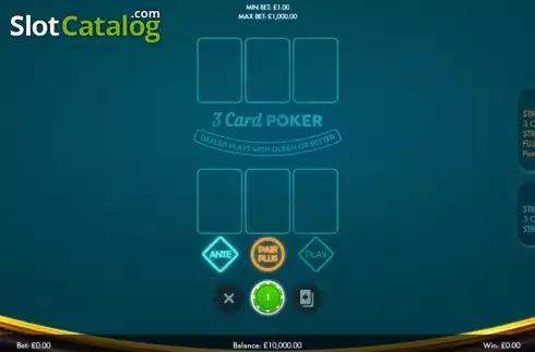 Game screen. Three Card Poker (Boldplay) slot