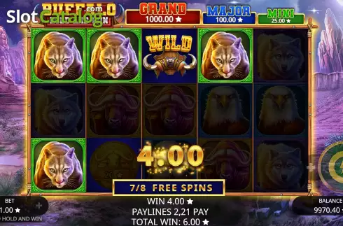 Free Spins Gameplay Screen. Buffalo Hold and Win slot