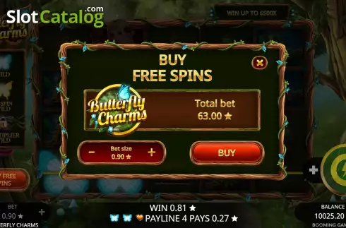 Buy Feature Screen. Butterfly Charms slot