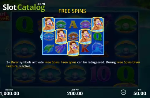 Free Spins feature screen. Pearl Diver slot