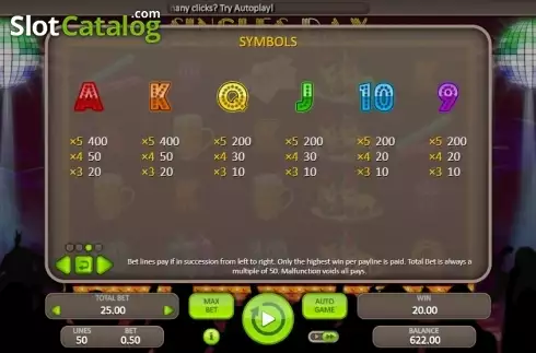 Paytable 3. Singles Day (Booongo) slot