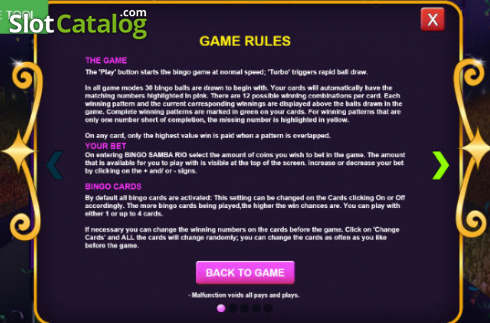 Rules Screen. Bingo Samba Rio slot