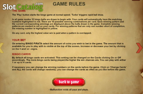 Rules Screen. Bingo Pirata slot