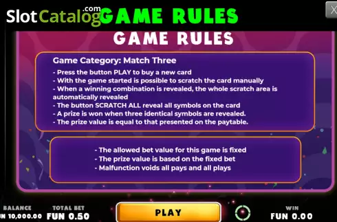 Rules Screen. Carnaval Scratchcard slot